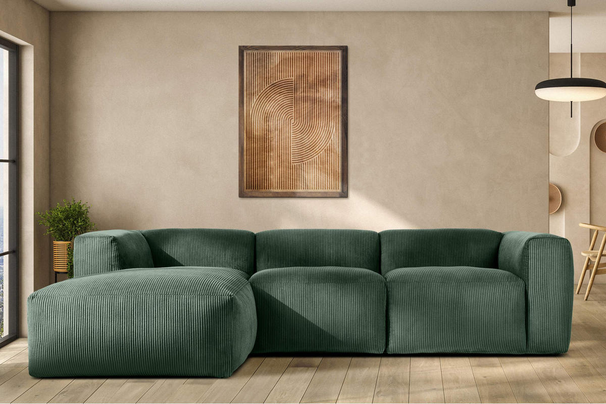 ECKMODULSOFA-LINKS BUFFO mit extrem weicher und bequemer Sitzfläche, Kordstoff, dunkelgrün - Dunkelgrün, Textil (297/180cm) - KONSIMO®