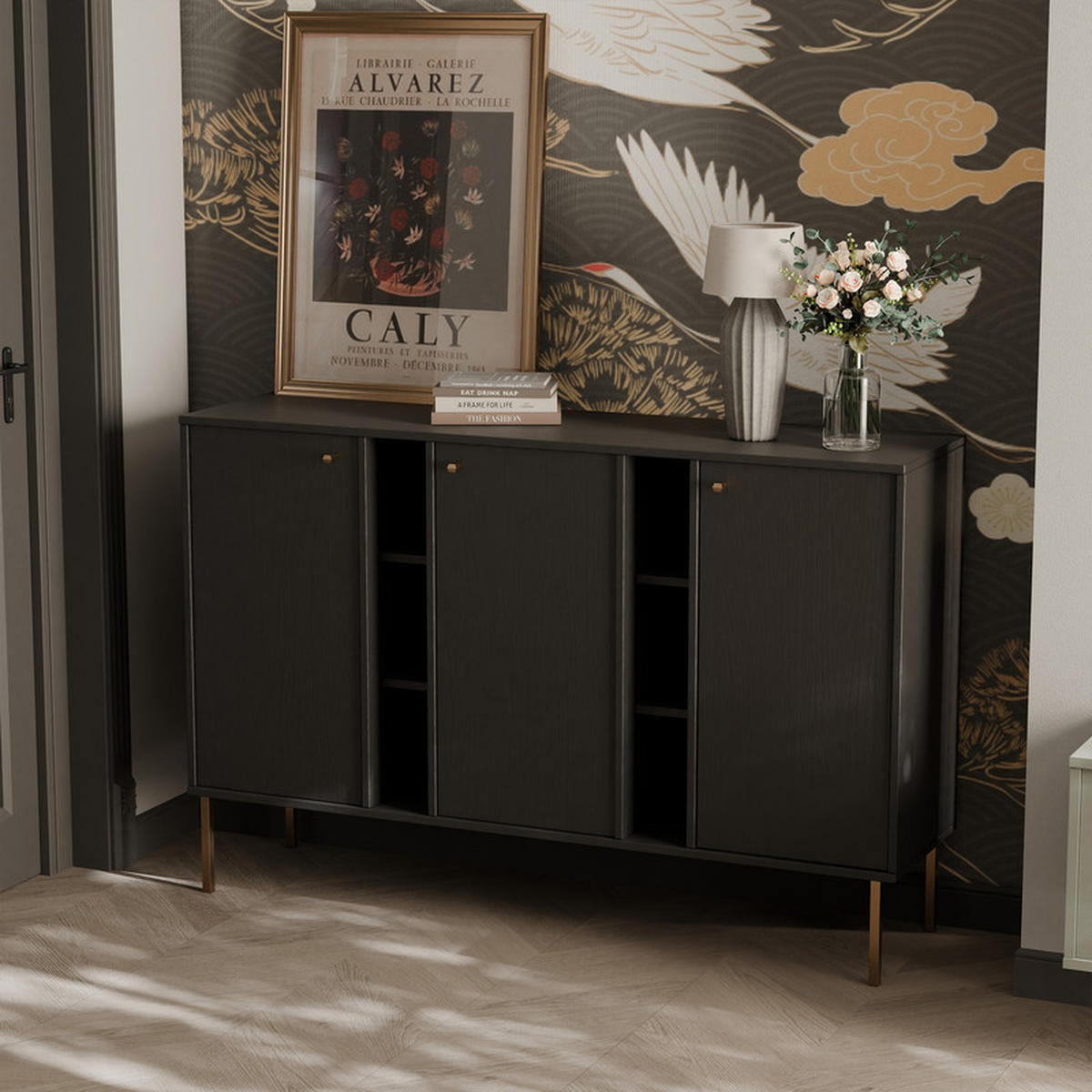 KOMMODE FLOW 157/41/95 cm, Schwarz - Schwarz, Holzwerkstoff/Metall (157.7/95/40.8cm) - Idohome
