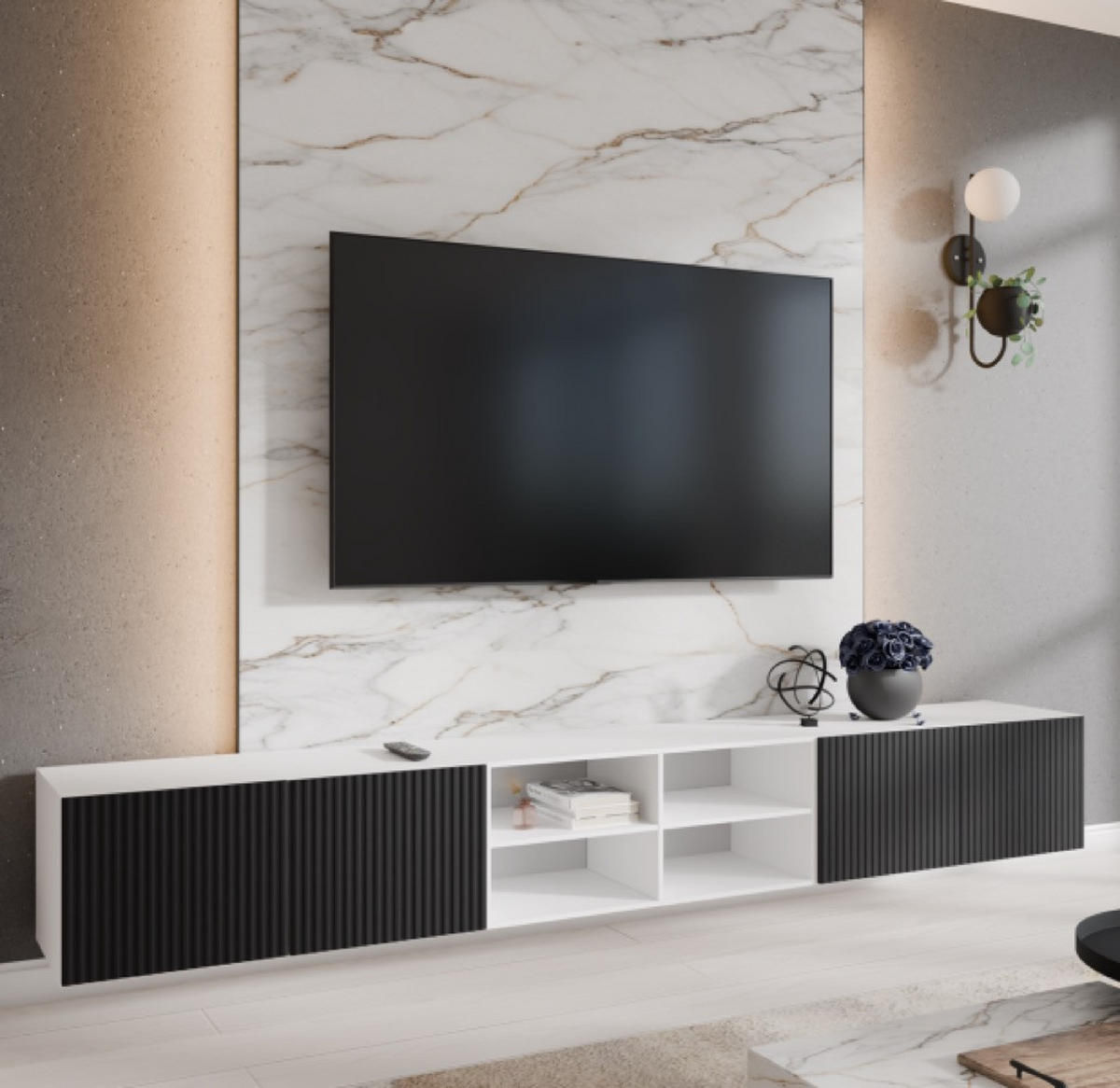 TV-SCHRANK Weiß Schwarz NOELI 300 Offen Mit Regalen Riffelung - Schwarz, Holzwerkstoff (300/41/40cm) - Sepro Meble