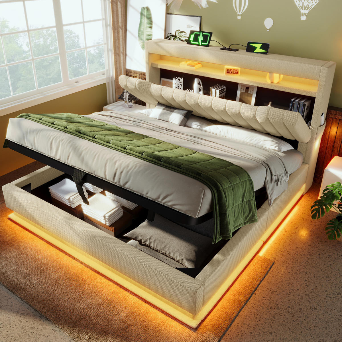 POLSTERBETT mit LED und Stauraum 180x200 cm Leinen Beige - Beige, Metall (180/200cm) - Meubliv