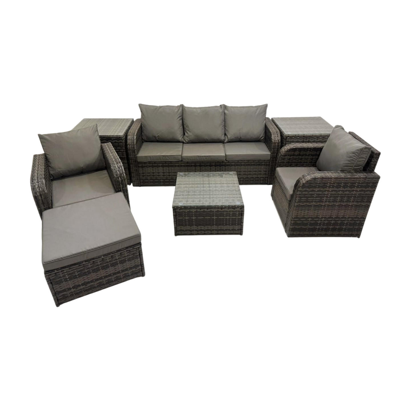 GARTENMÖBELGARNITUR mit KISSEN Polyrattan Dunkelgrau 6-Sitzer - Dunkelgrau/Grau, Glas/Kunststoff - Fimous
