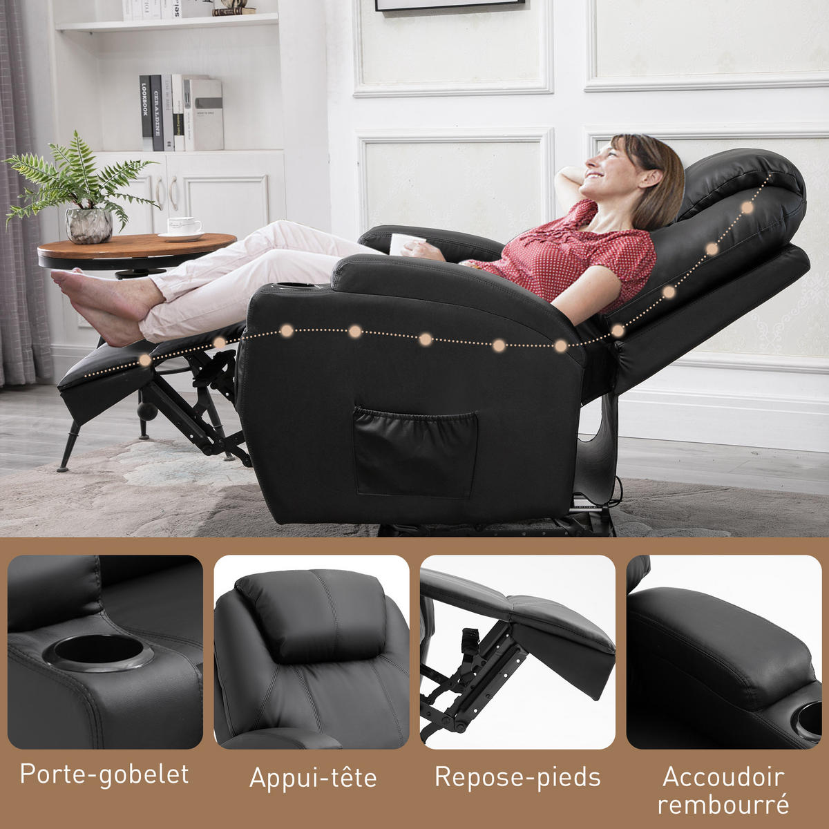 MASSAGESESSEL DE-15346 elektrisch verstellbar mit 8 Massagepunkten Schwarz - Schwarz, Leder (97/110/82cm) - ComfortXL