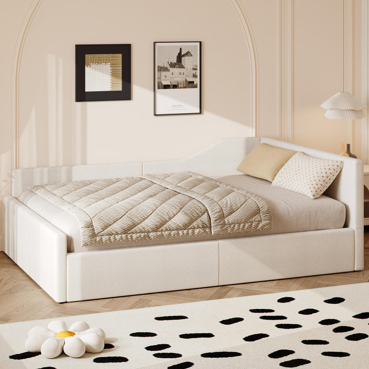 ČALÚNENÁ posteľ 140/200 cm béžová z MDF a preglejky s úložným priestorom - béžová, kompozitné drevo (140/200cm) - OKWISH