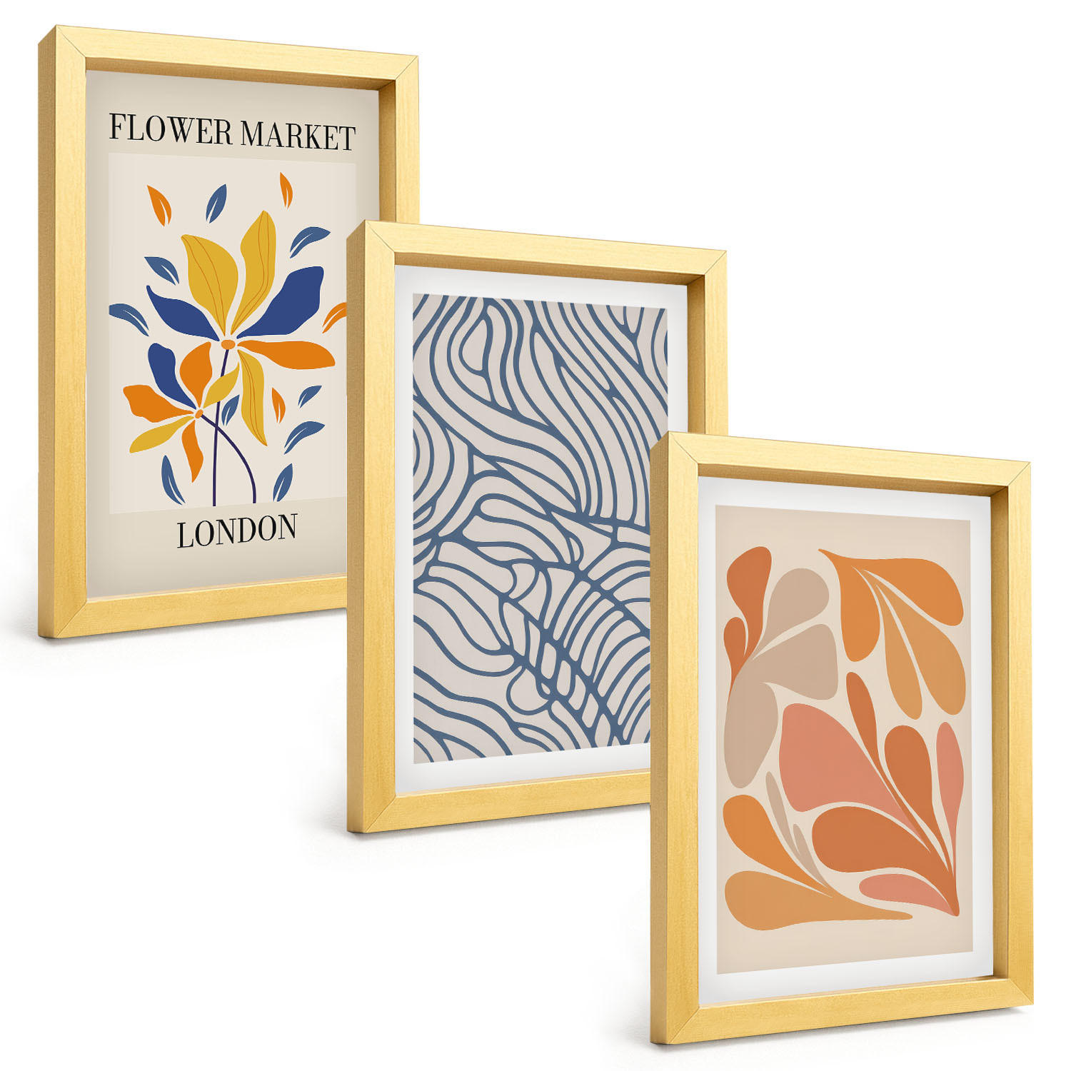 BILDER SET 3er Set - 20x30 cm Goldrahmen - Moderne abstrakte Blumen - Goldfarben, Kunststoff (20/30cm) - TULUP