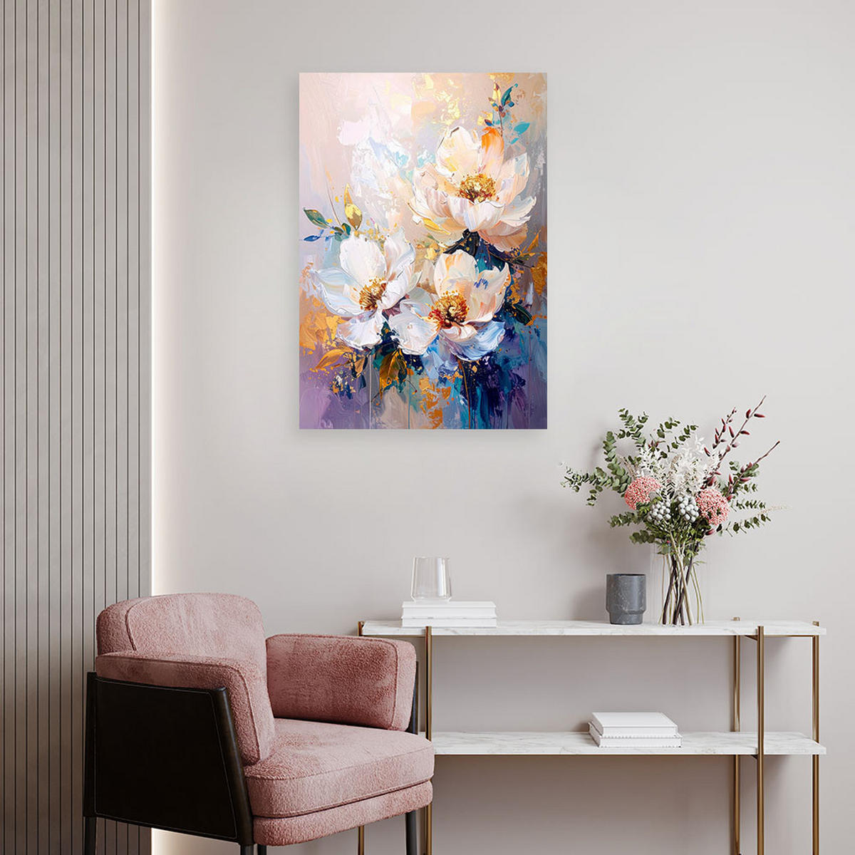 LEINWANDBILDER, Helle Blumen in einer pastellfarbenen Komposition mit Blau und Gold - Multicolor, Textil (40/60cm) - Feeby