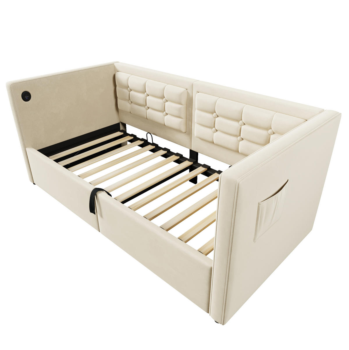 BETT 90/200 cm Beige mit hydraulischem Stauraum und USB- und Type-C-Anschlüssen - Beige, Textil (90/200cm) - OKWISH