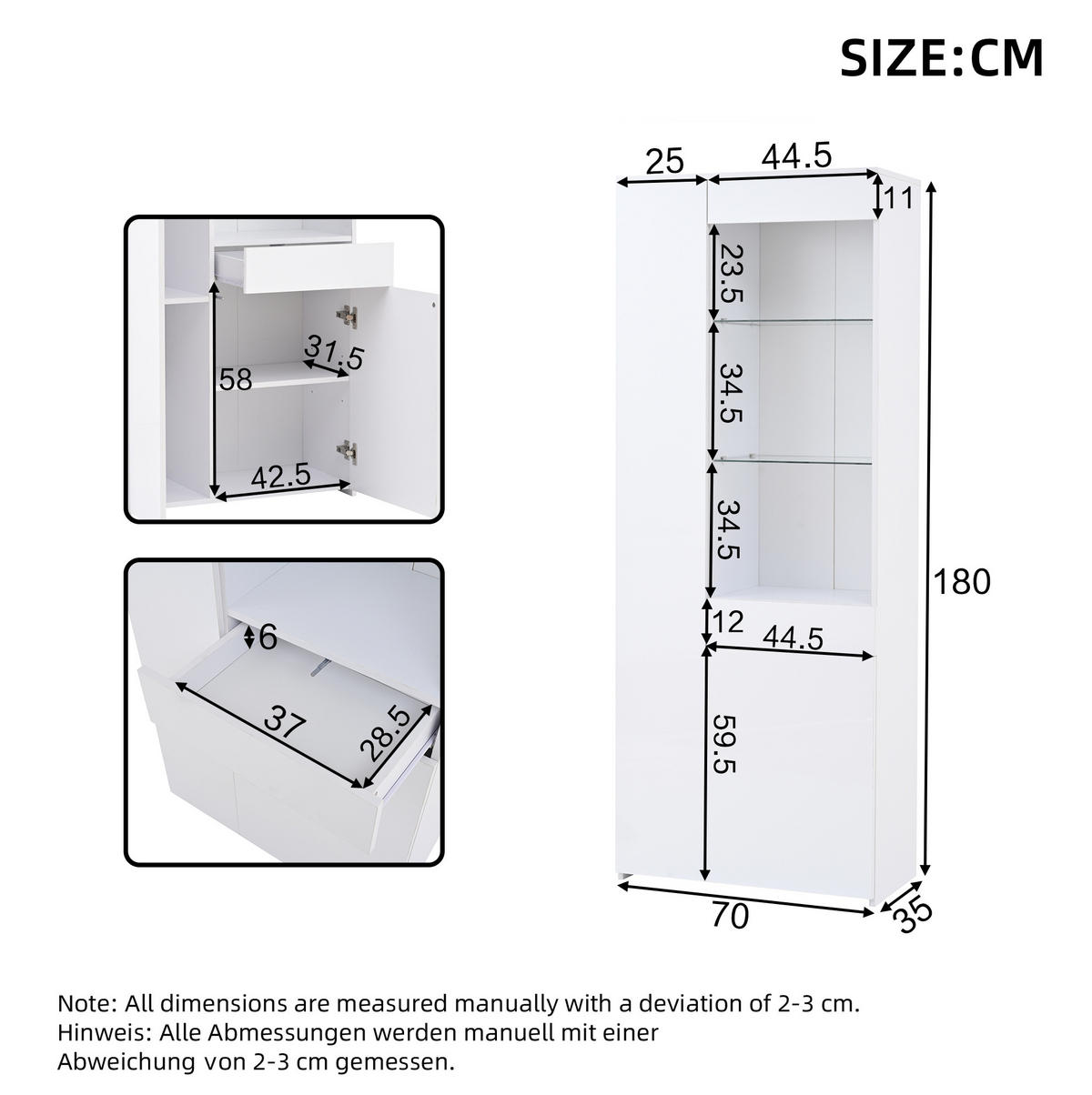 VITRINE 70/35/180 cm mit LED-Beleuchtung, App-Steuerung, Schublade und Hochglanzfront, Weiß - Weiß, Holzwerkstoff (70/180/35cm) - Redom