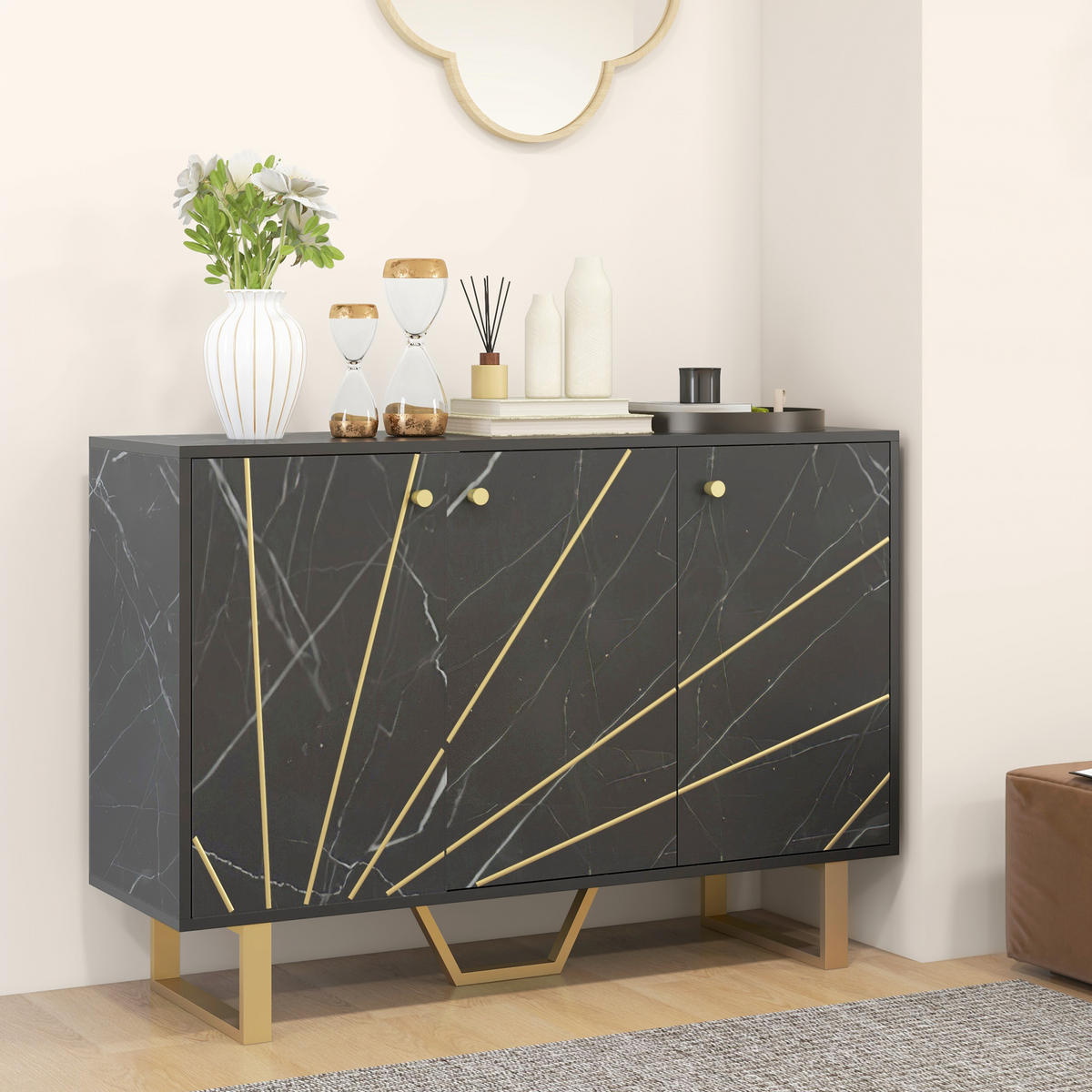 SIDEBOARD DE-11101 2 Schränke, 3 Türen & verstellbare Böden Schwarz - Schwarz, Holzwerkstoff (107/75/35cm) - ComfortXL