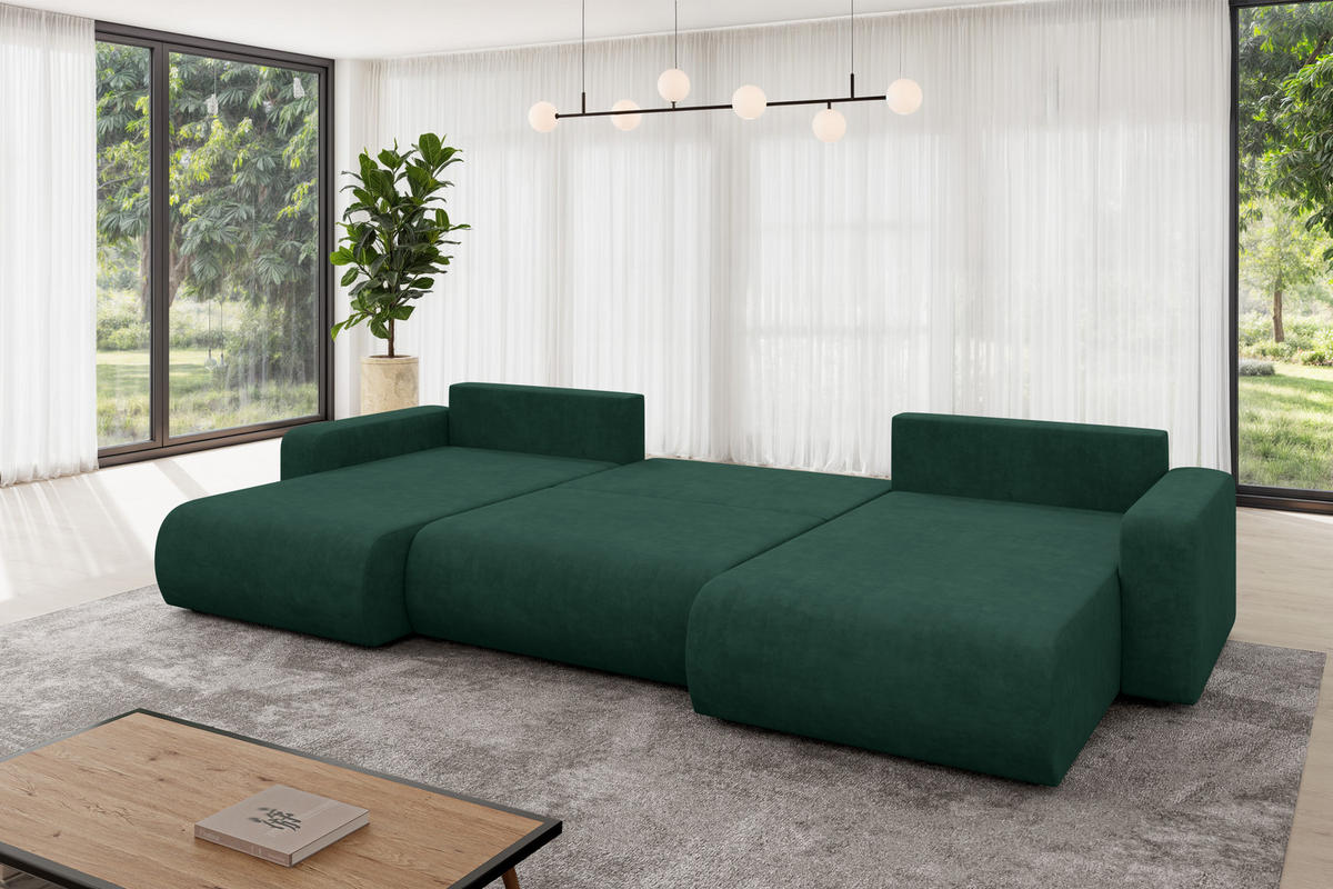 SEDACÍ SOUPRAVA DO U s funkcí spaní a úložným prostorem BERY-U 377x193x88 zelená velur - černá/zelená barva, kompozitní dřevo/textil (377/88/193cm) - ALTDECOR