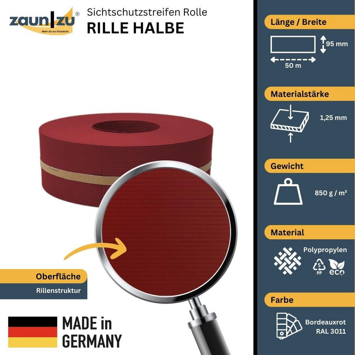 SICHTSCHUTZSTREIFEN Rille Halbe Rolle für Doppelstabmatten Bordeauxrot 50m - Bordeaux, Kunststoff (5000/9.5cm) - ZAUN|ZU