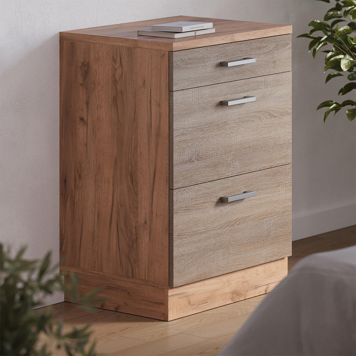 KUHINJSKA OMARA ZA POŠEVNE STREHE R-Line, Sonoma, 60 cm brez naklona z 3 predaloma - hrast sonoma/medeni hrast, leseni material (60/83.8/46cm) - Vicco