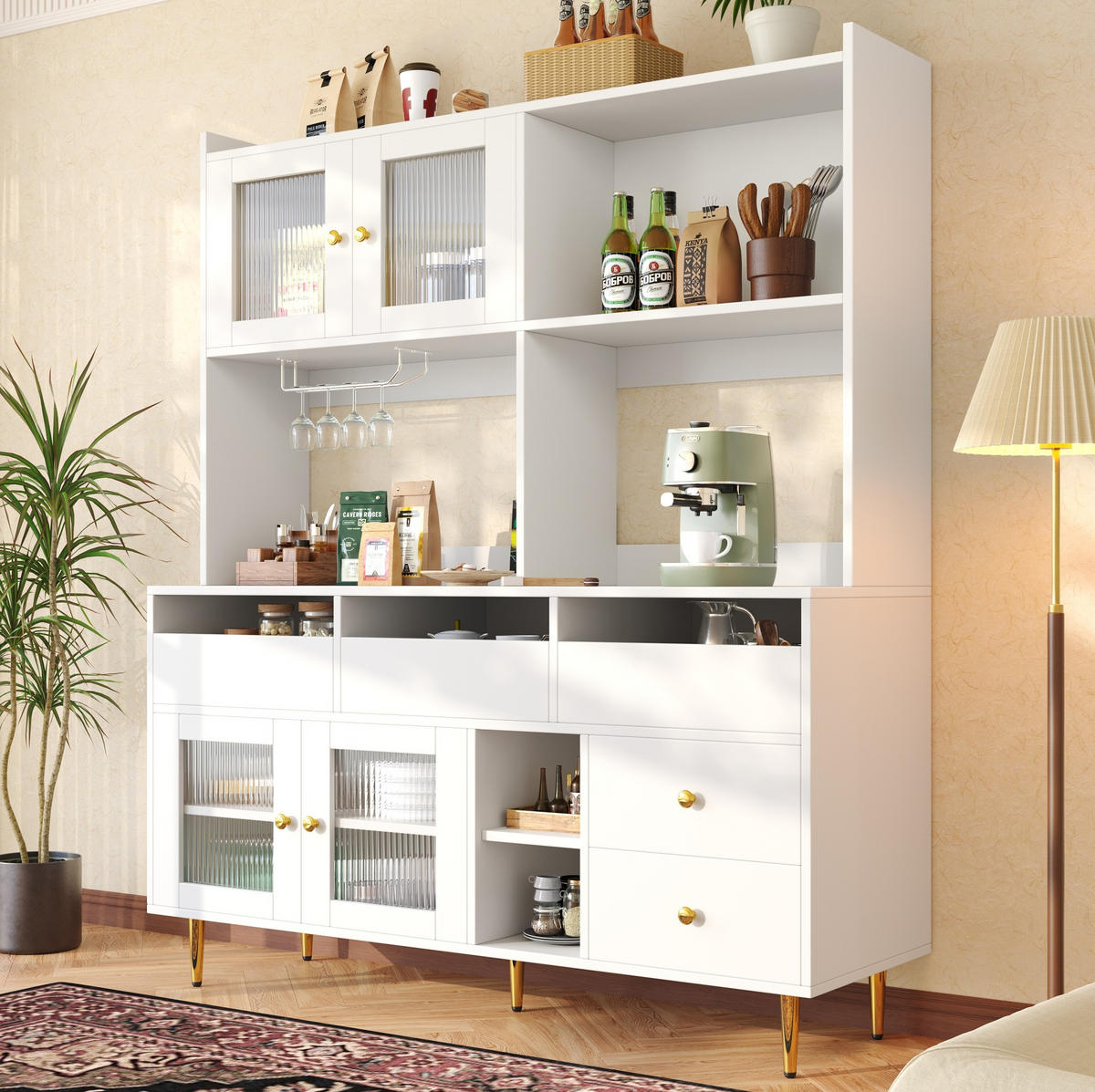 SIDEBOARD aus MDF 145x39x171 cm Weiß mit Changhong-Glastüren, Weinregal und Schubladen - Weiß, Holzwerkstoff (145/171/39cm) - IVMEU