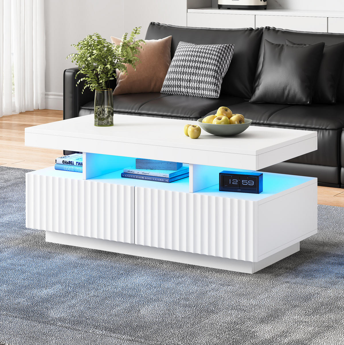 COUCHTISCH 100/50/45 cm in Weiß mit 2 Schubladen und LED-Beleuchtung - Weiß, Holzwerkstoff (100/50/45cm) - Flora Grace