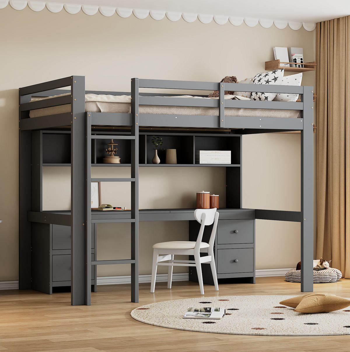 HOCHBETT aus Kiefernholz/MDF 90x200 cm in Grau mit Schreibtisch & Stauraum - Grau, Holz (90/200cm) - Modfu
