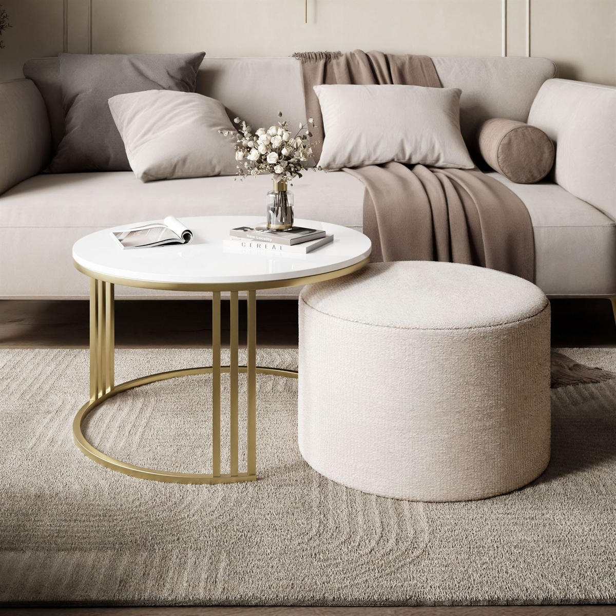 COUCHTISCH mit Hocker LORI Hochglanz gebürstetes Gold/weißer Glanz/Perfect Harmony 01 - Weiß, Metall (70/70/49cm) - Lookway