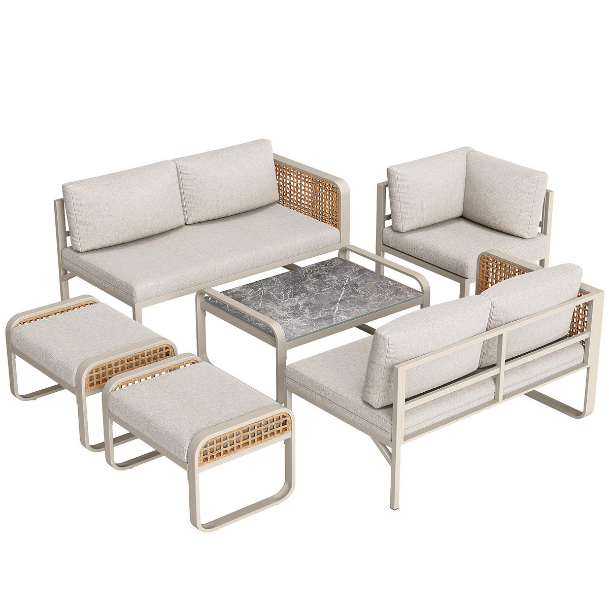 LOUNGESET 6-7 Personen Beige Rattan Mit Verstellbaren Füßen - Beige, Metall - FLIEKS