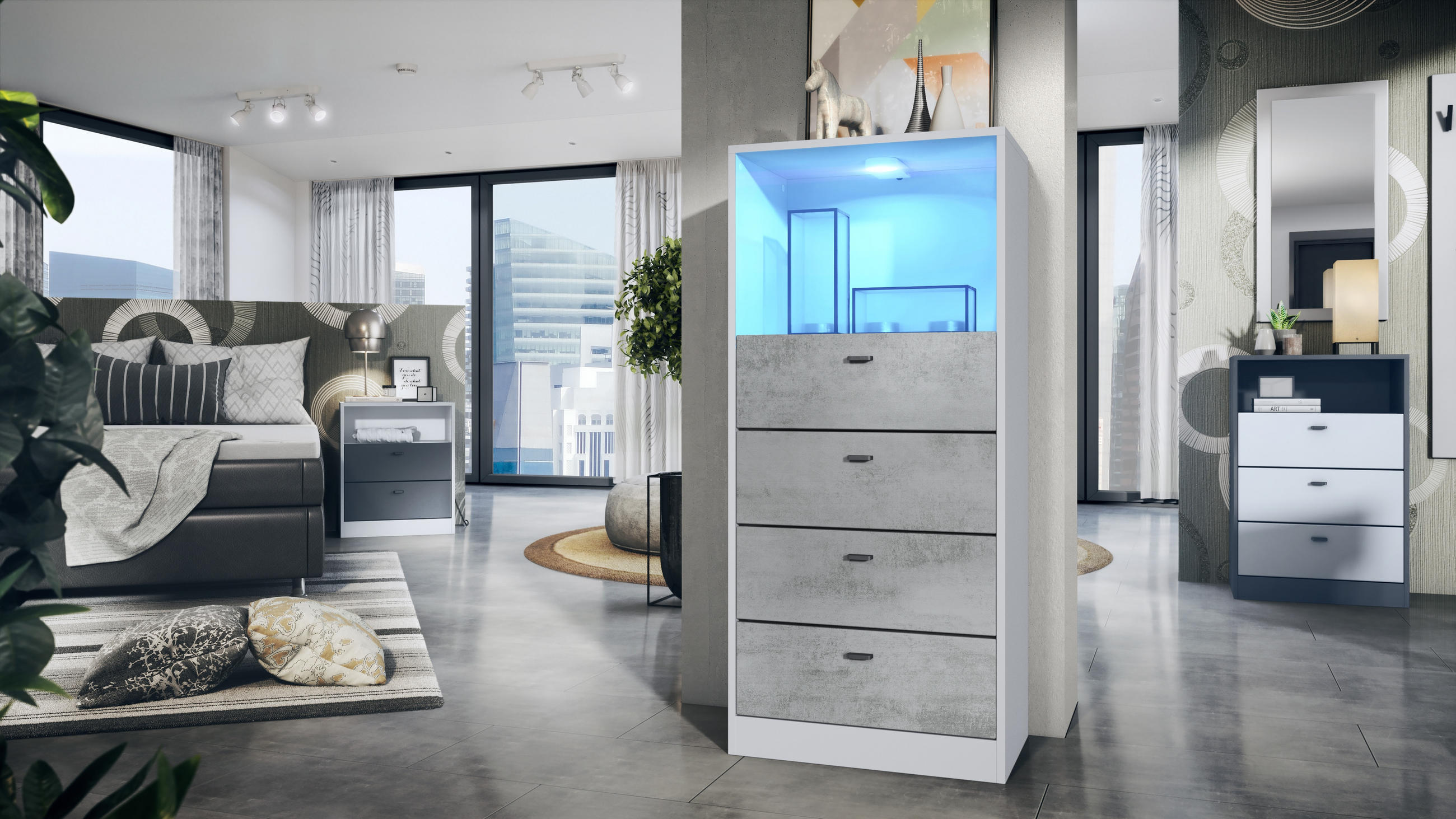 KOMMODE Pino Fronten in Beton Oxid Optik - Hellgrau, Holzwerkstoff (56/125/36cm) - Vladon