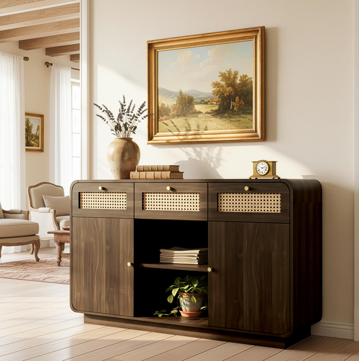 SIDEBOARD 120/40/85 cm aus MDF und Spanplatte mit Rattanfronten Nussbaum - Walnussfarben, Holzwerkstoff (120/85/40cm) - Modenvie