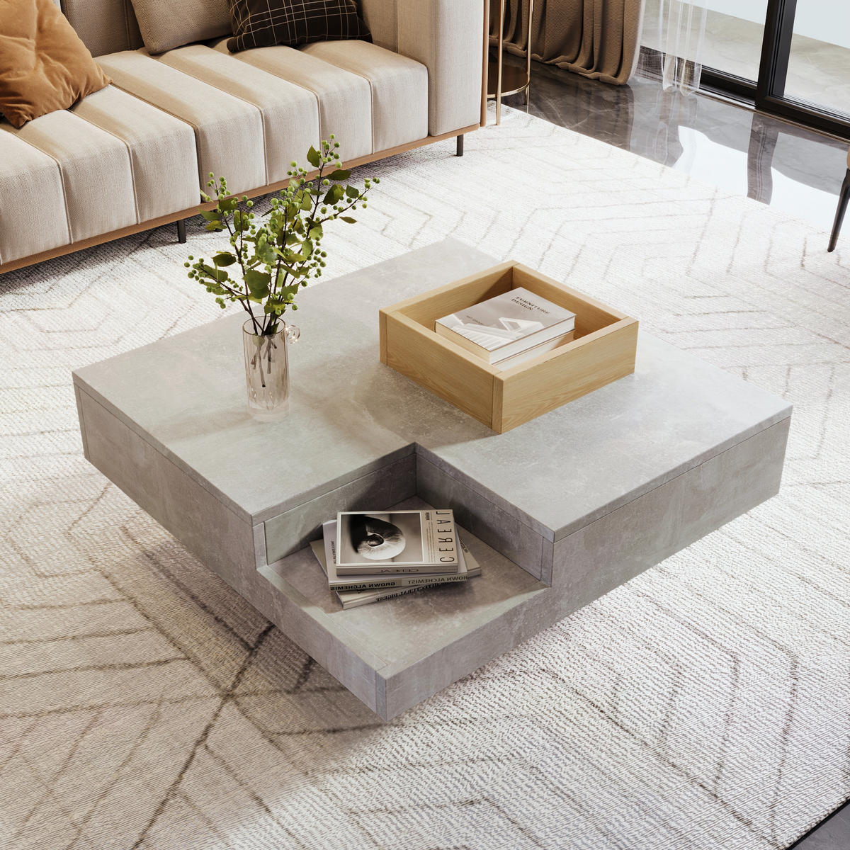 COUCHTISCH aus Spanplatte 72x72x30 cm Betongrau mit herausnehmbarer Aufbewahrungsbox - Grau, Holzwerkstoff (72/72/30cm) - IVMEU