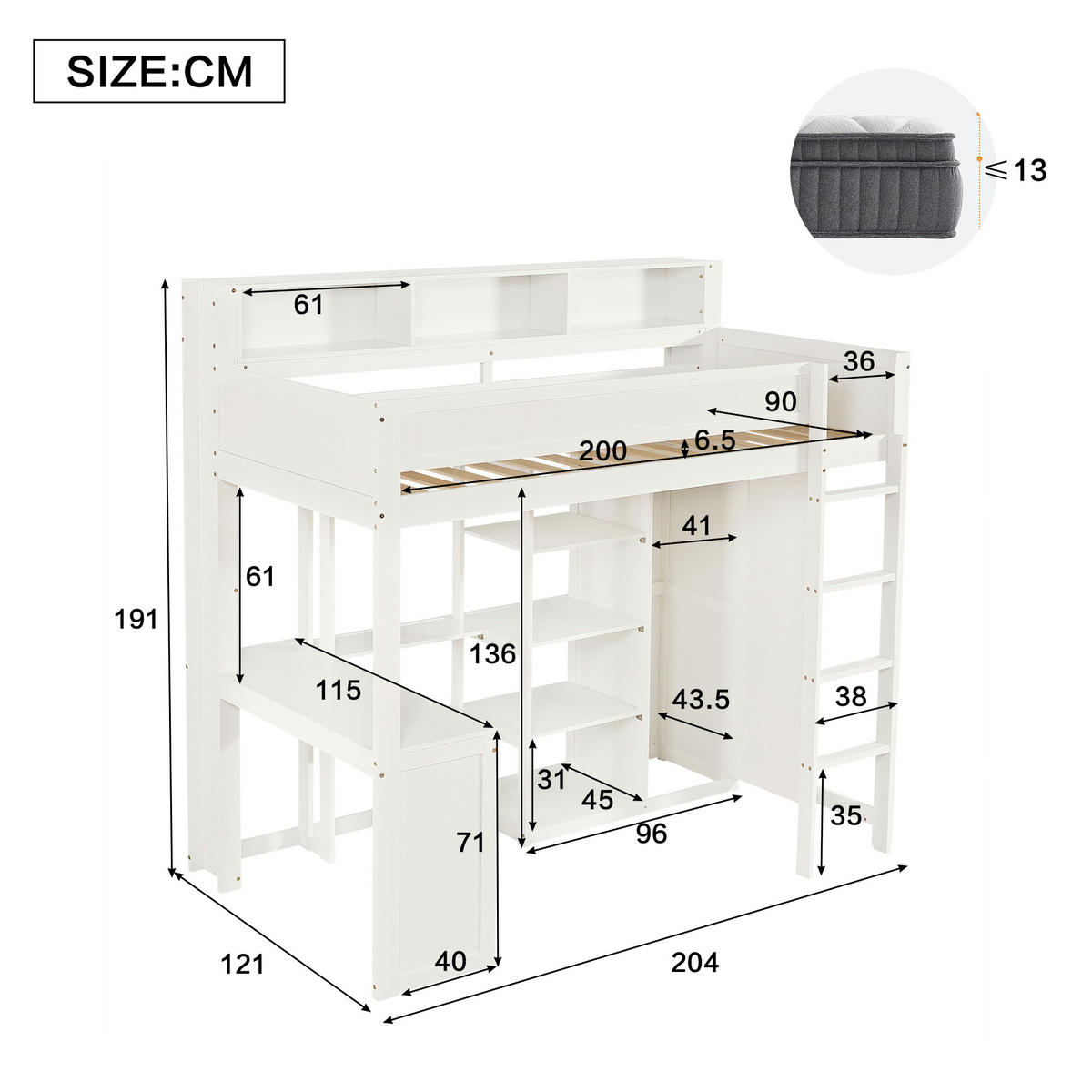 ETAGENBETT 90/200 cm in Weiß mit Regal, Tisch und Kleiderschrank - Weiß, Holz/Holzwerkstoff (90/200cm) - WISHDOR