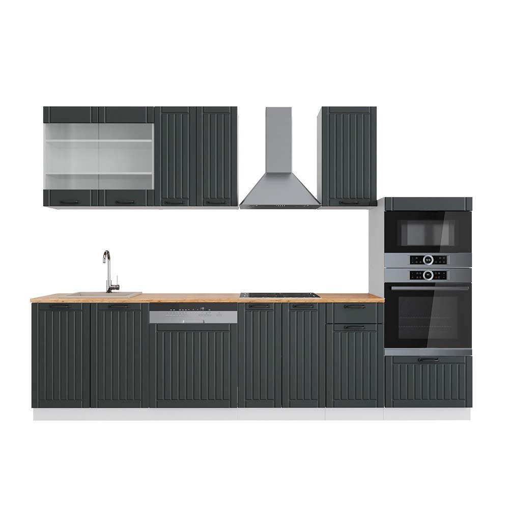KÜCHENZEILE Fame-Line Anthrazit Landhaus/Weiß 300 cm mit Hochschrank, AP Eiche - Anthrazit/Weiß, Holzwerkstoff (300/153.6/60cm) - Vicco