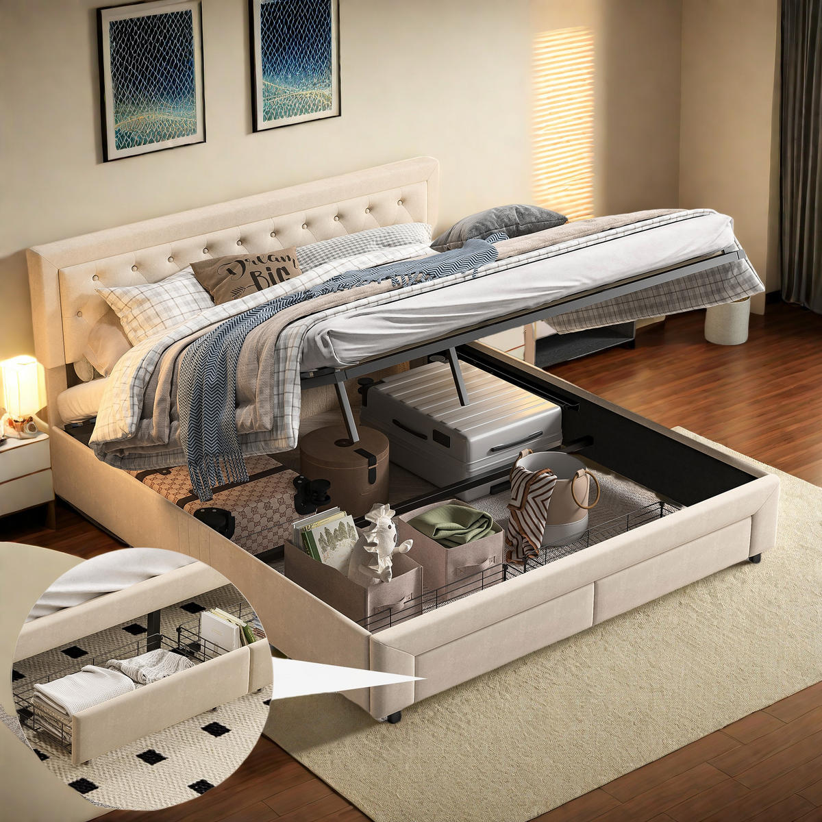 POLSTERBETT 180/200 cm Beige mit Bettkasten und Schubladen - Beige, Holz (180/200cm) - SHOPENTRA
