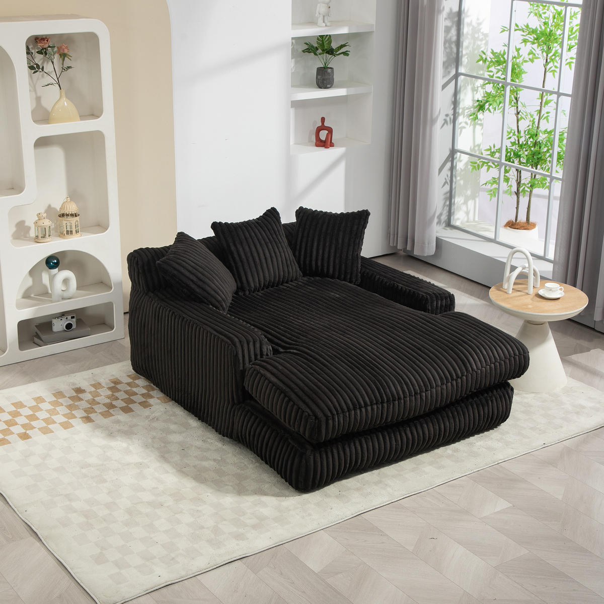 BIGSOFA 125/155/63 cm in Schwarz – bodennahes Kordsofa mit 3 Kissen - Schwarz, Textil (63/125/155cm) - BEAOK