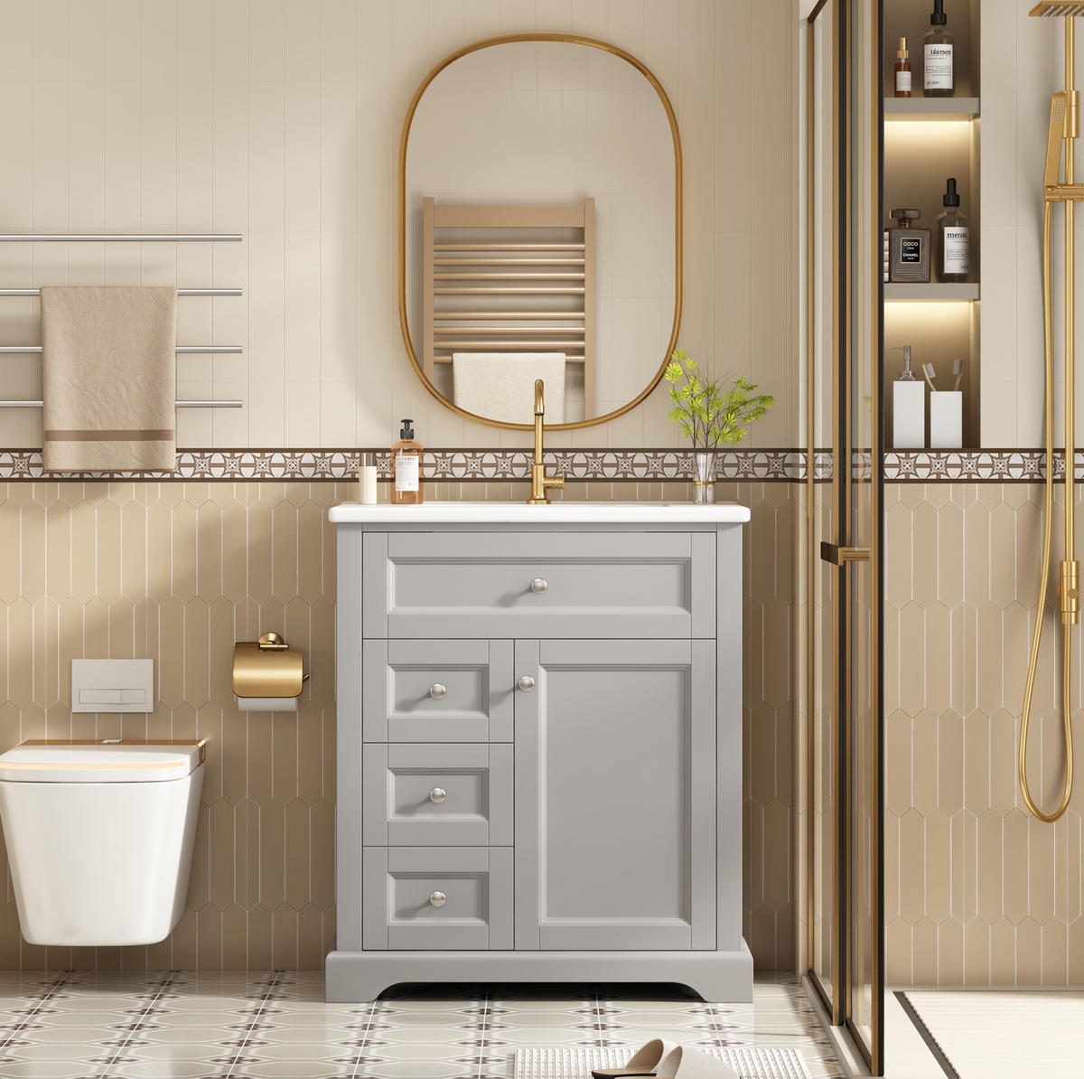 BADEZIMMERSCHRANK mit Waschbecken aus MDF und Keramik 76x46x87 cm Grau freistehend mit Stauraum - Grau, Keramik (76/87/46cm) - Modfu