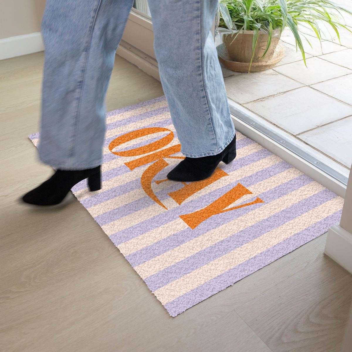 FUSSMATTE Lila – Orange – Streifen – Okay 90x60 cm - Flieder, Kunststoff (90/0.4cm) - MuchoWow