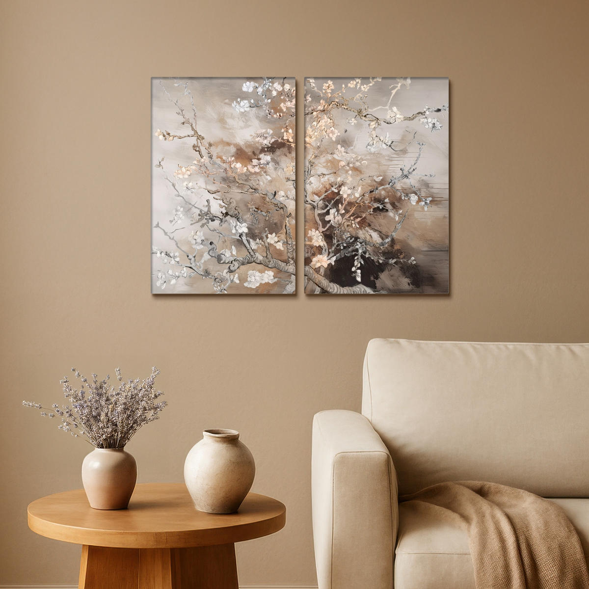 LEINWANDBILD 2er Set Mandelblüte - Abstrakt - Beige 80x60 cm - Beige, Textil (80/60cm) - MuchoWow
