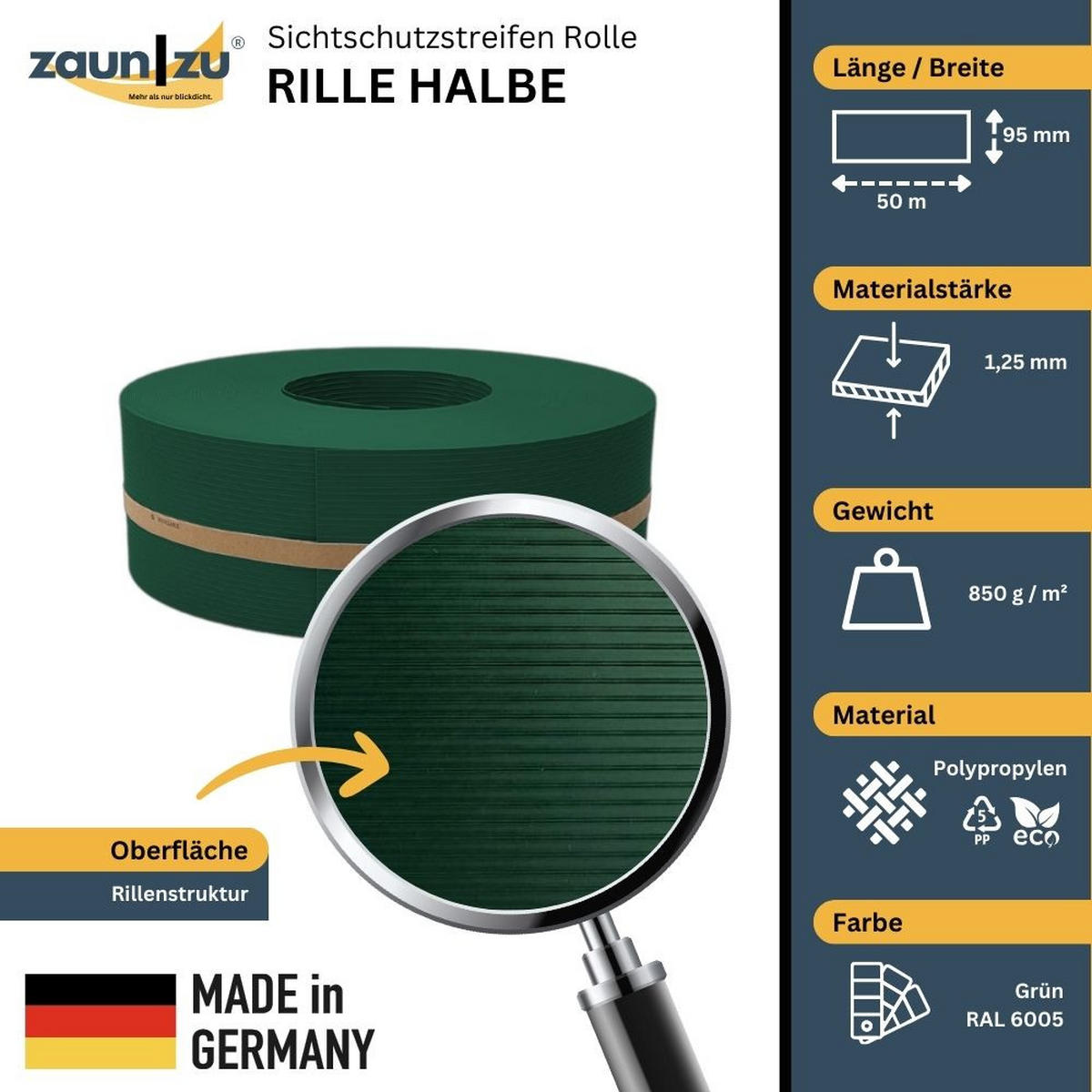 SICHTSCHUTZSTREIFEN Rille Halbe Rolle für Doppelstabmatten Grün 50m - Grün, Kunststoff (5000/9.5cm) - ZAUN|ZU
