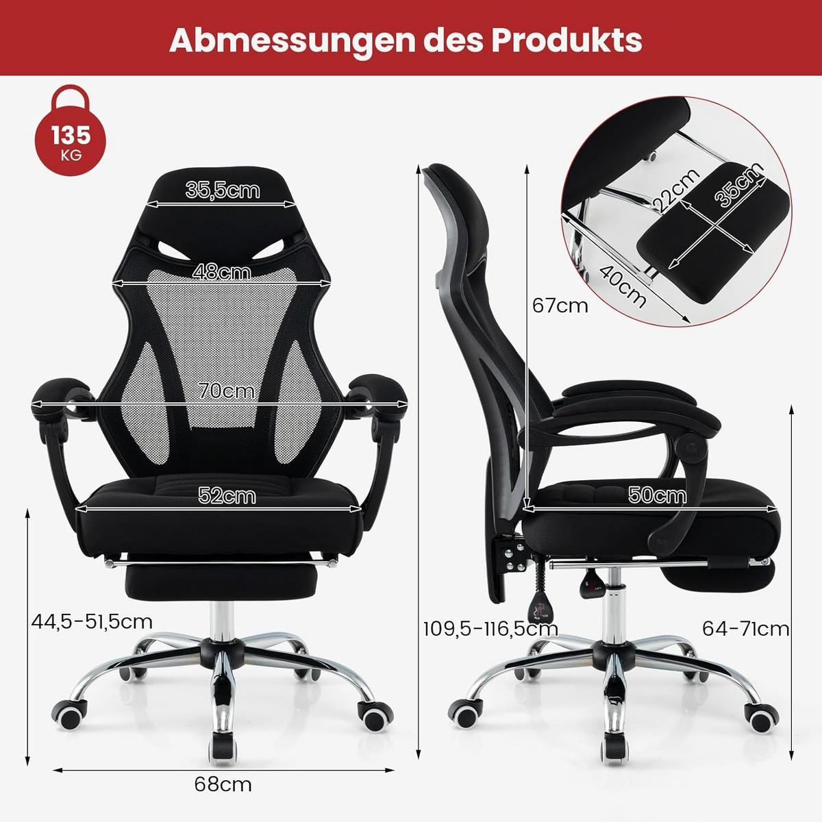 BÜROSTUHL Schwarz - Schwarz, Textil (70/116.5/68cm) - COSTWAY