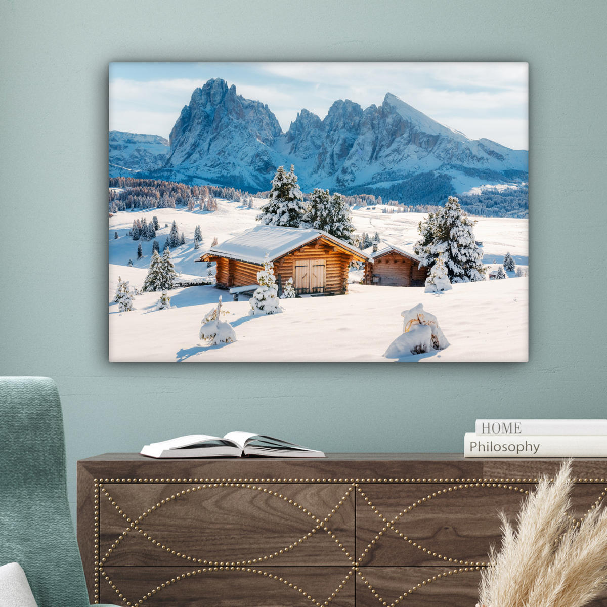 LEINWANDBILD Winter - Hütte - Berge - Aussicht - Schnee Wandbilder 80x60 cm - Eichefarben, Textil (80/60cm) - MuchoWow