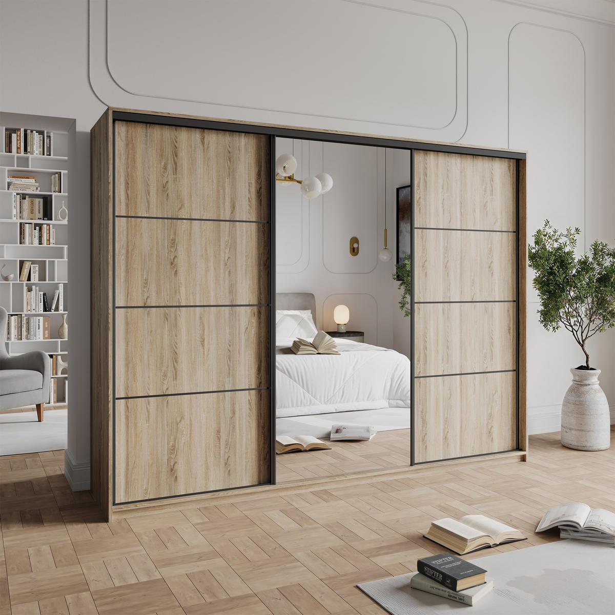 SCHWEBETÜRENSCHRANK VARO 250/205/60 cm 3-türig mit Spiegel und Schubladen Sonoma Eiche - Schwarz/Sonoma Eiche, Holzwerkstoff (250/205/60cm) - MASSENO