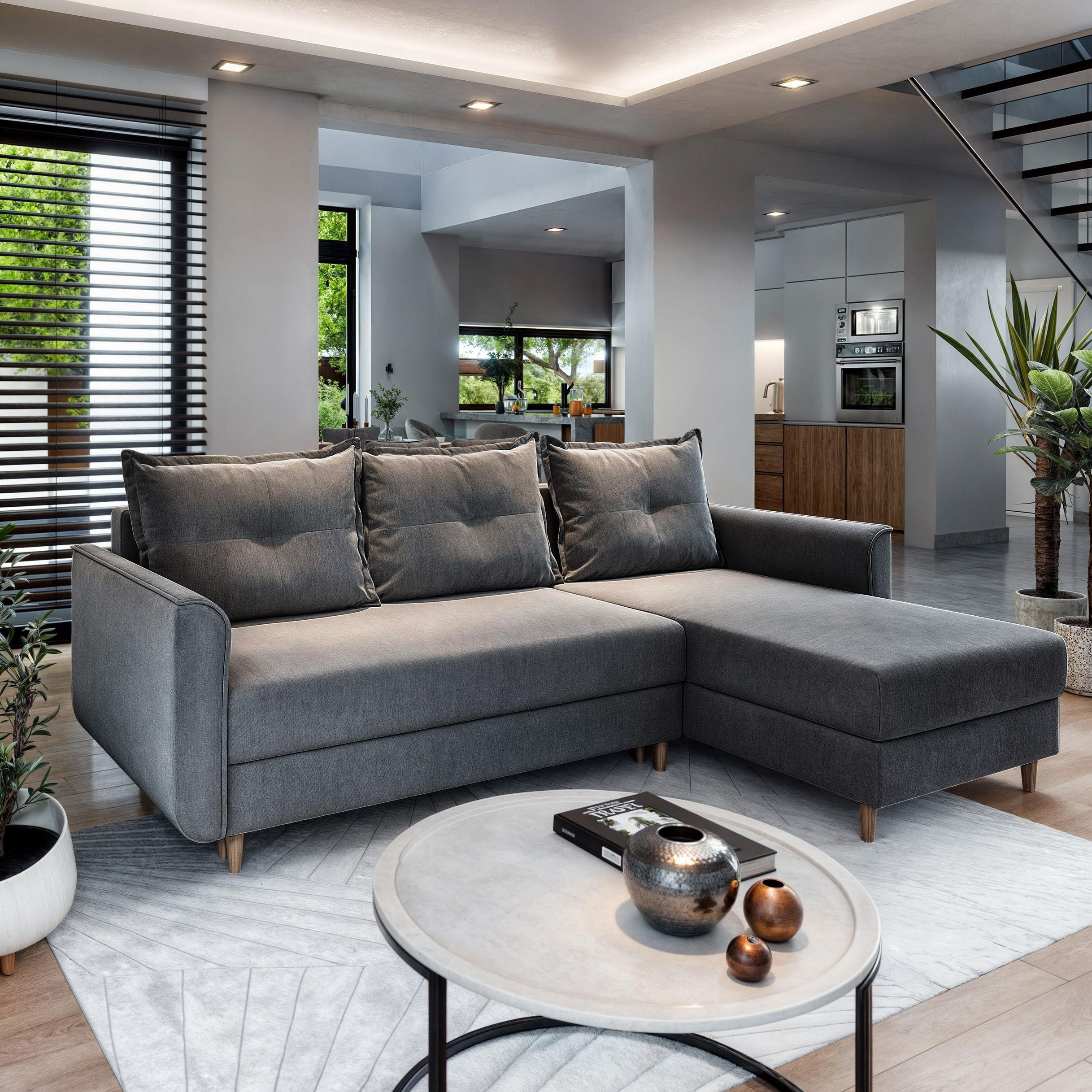 ECKSOFA PISAN R-S Grau Plüsch-Stoff mit Schlaffunktion - Grau, Holz (220/140cm) - MASSENO