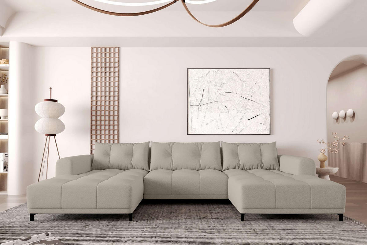 WOHNLANDSCHAFT Strukturstoff Beige inkl. Schlaffunktion - Beige/Schwarz, Textil/Metall (348/94/181cm) - 99rooms