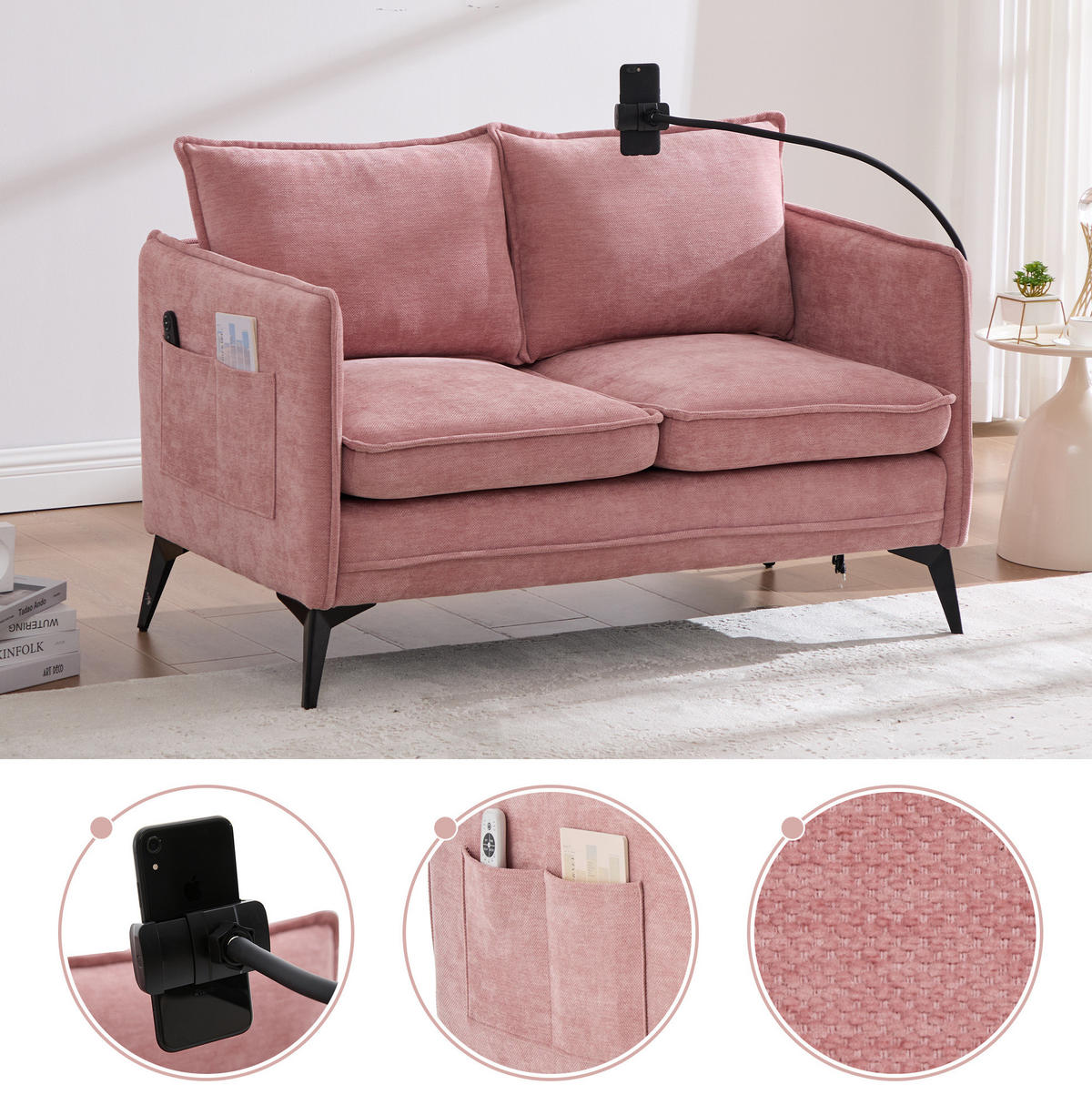 SOFA 2-Sitzer mit Handyhalterung und Ablagefächern Chenille Pink 127/69/66 cm - Rosa, Textil (127/66/69cm) - OKWISH