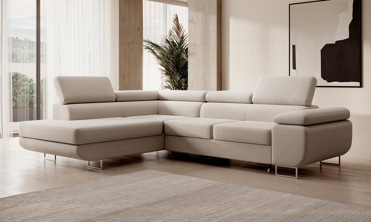 ECKSOFA Stevil Hellbeige Velours - Ecru/Silberfarben, Textil/Metall (275/203cm) - Selsey