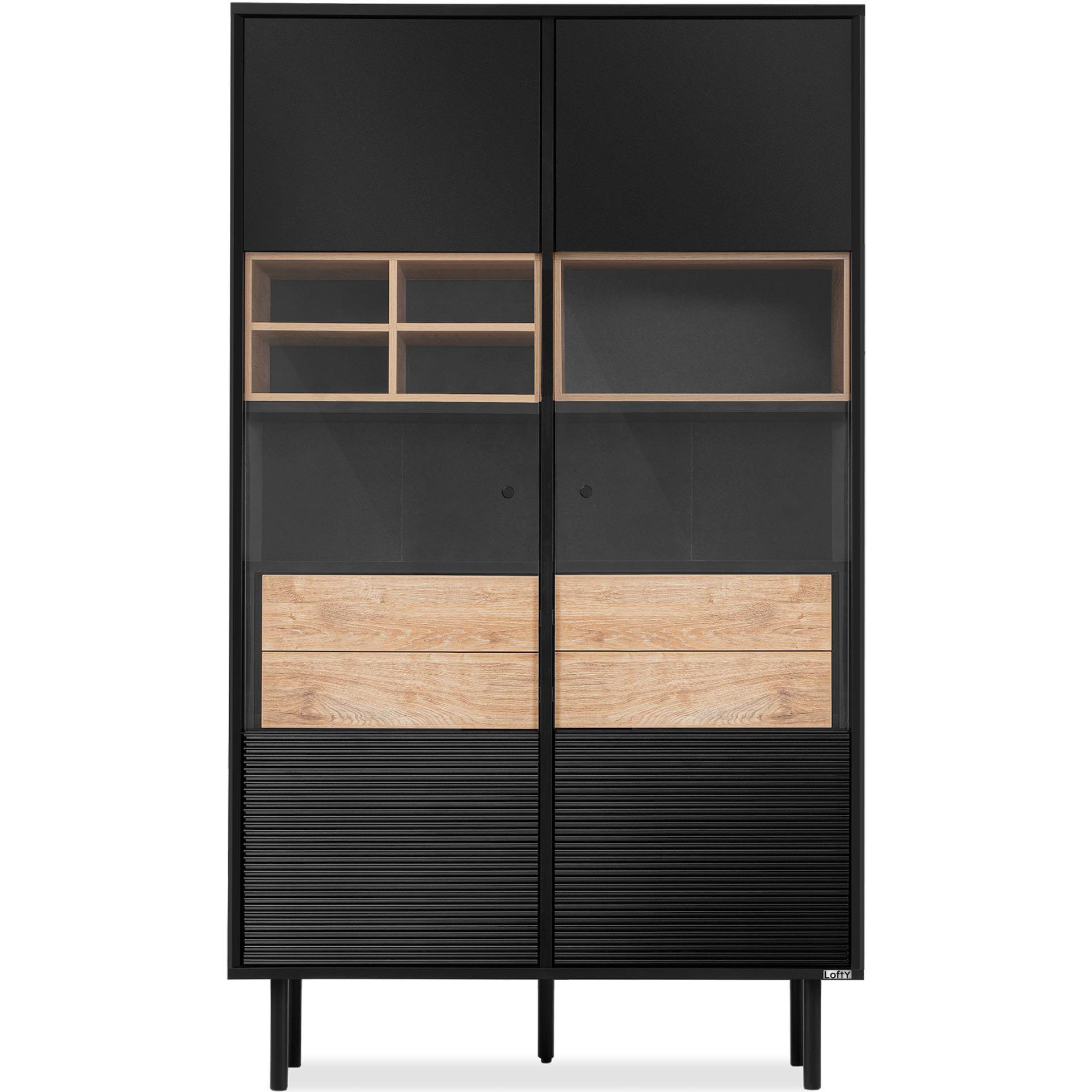 VITRINE LOFTY Kreuz/Außenseiteneinlage, schwarz / Eiche natur - Eichefarben/Multicolor, Holzwerkstoff (102/174/41cm) - KONSIMO®