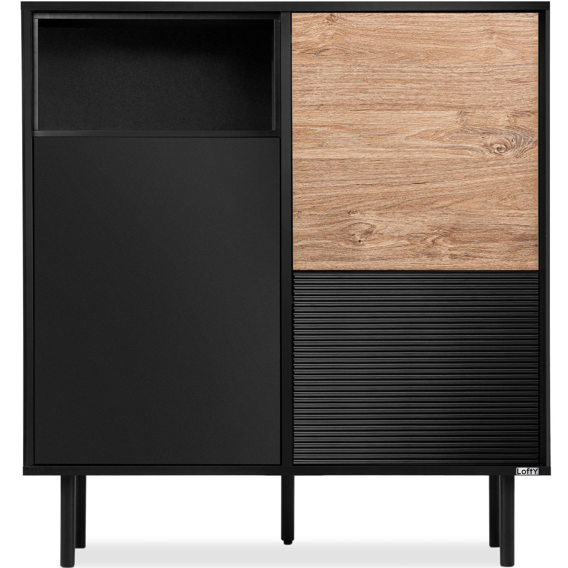 KOMMODE LOFTY Außenseiteneinlage, schwarz / Eiche natur - Eichefarben/Schwarz, Holzwerkstoff (102/109/41cm) - KONSIMO®