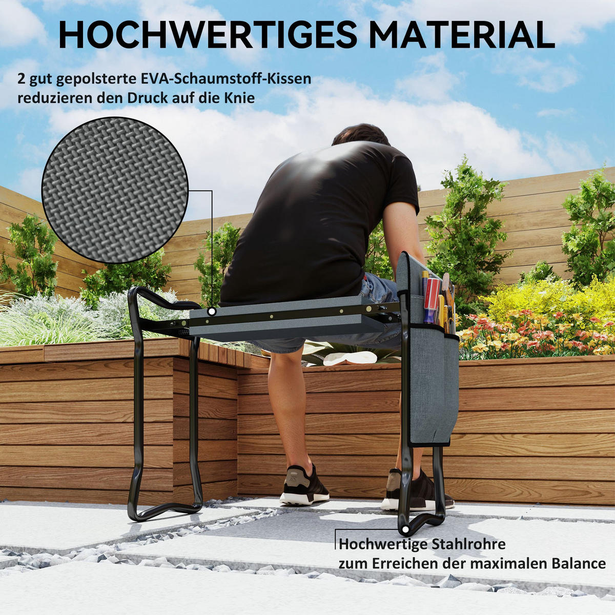 KNIEBANK für Gartenarbeit klappbar Gartenhocker mit Kniekissen Werkzeugtasche - Grau, Metall (28/49/58cm) - Outsunny