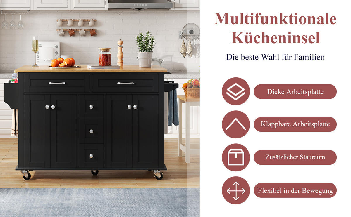 KÜCHENINSEL auf Rollen, ERWEITERBARE ARBEITSPLATTE, mit 5 Schubladen, für Küche und Esszimmer, 140/65/89 cm - Schwarz, Kunststoff (65/89/140cm) - Rolipo