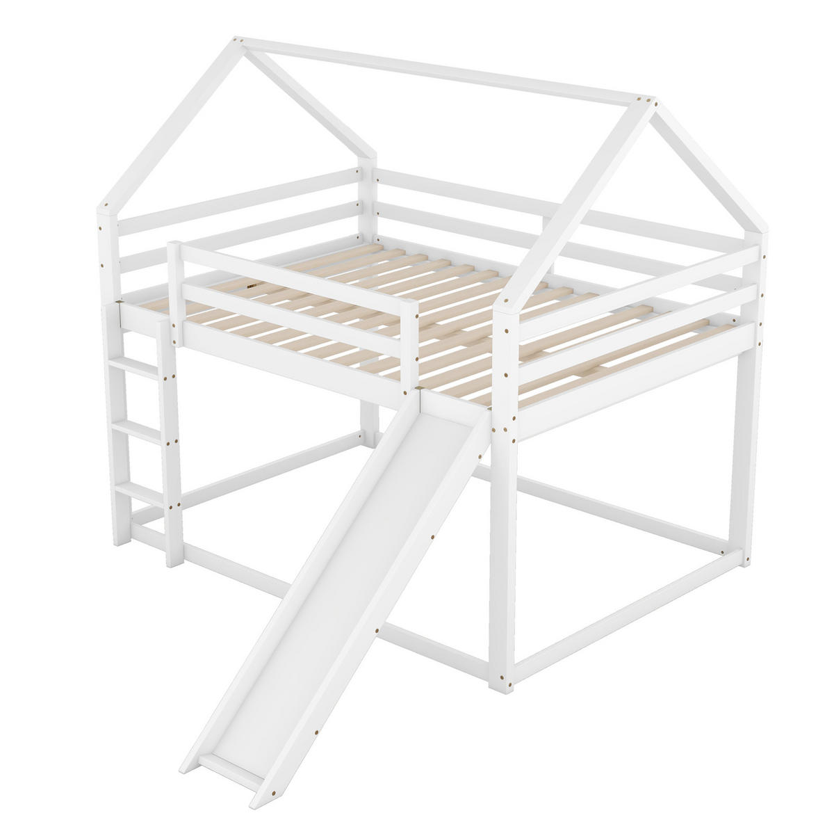 NADSTROPNA postelja 140/200 cm bela s toboganom in lestvijo iz bora in MDF v obliki hiše - bela, les (140/200cm) - OKWISH