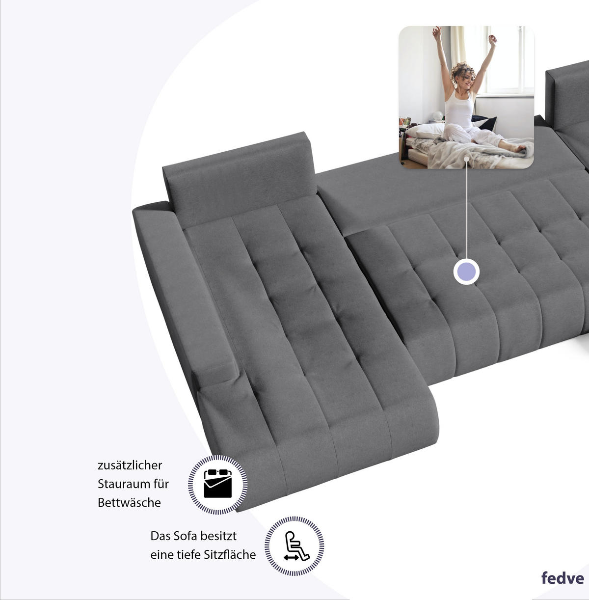WOHNLANDSCHAFT mit Schlaffunktion Dhaka U, Grau - Grau, Textil (185/85/350cm) - Fedve