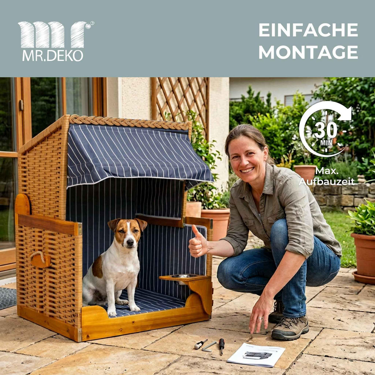 HUNDESTRANDKORB Wacholder Blau - Blau/Braun, Metall (80/95/65cm) - Mr. Deko