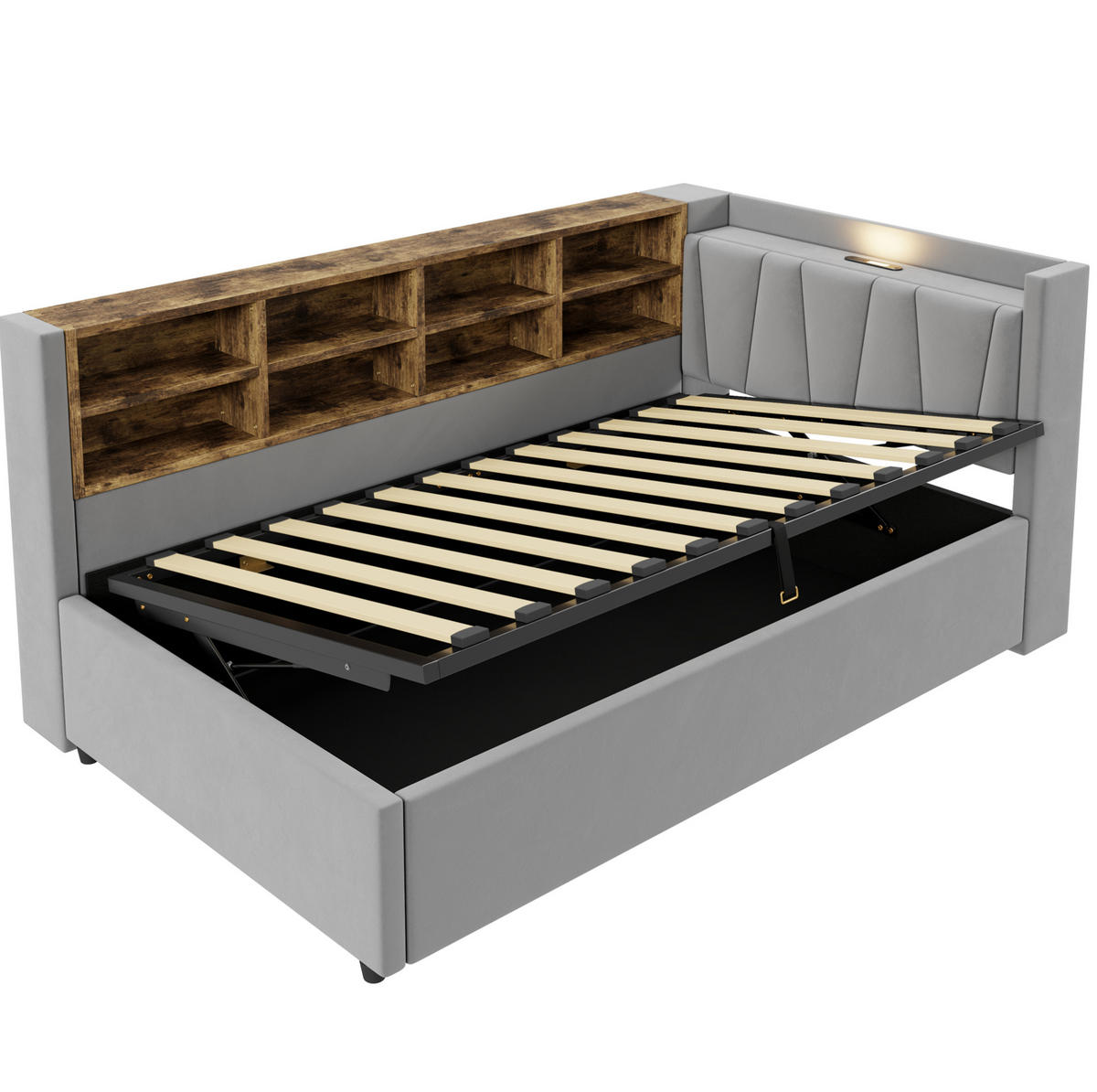 POLSTERBETT aus Samt 90x200 cm Grau mit hydraulischem Stauraum, Nachtlicht, USB- und Typ-C-Anschluss - Hellgrau, Textil (90/200cm) - IVMEU