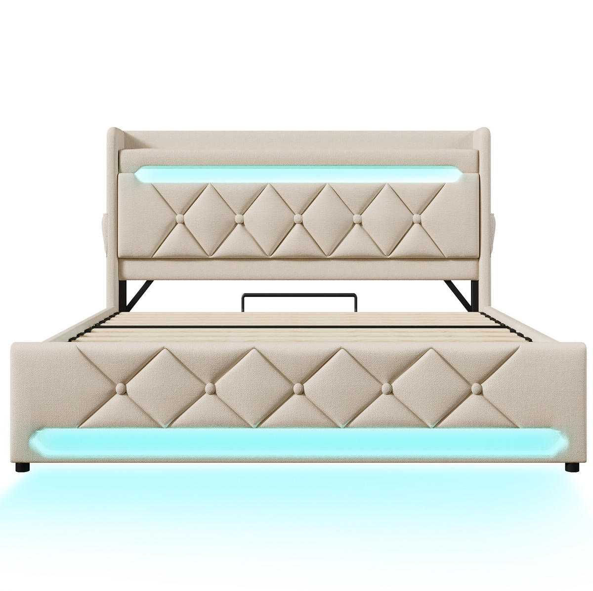 ČALOUNĚNÁ postel 180/200 cm, len béžová s LED osvětlením a úložným prostorem - béžová, textil (180/200cm) - BEAOK