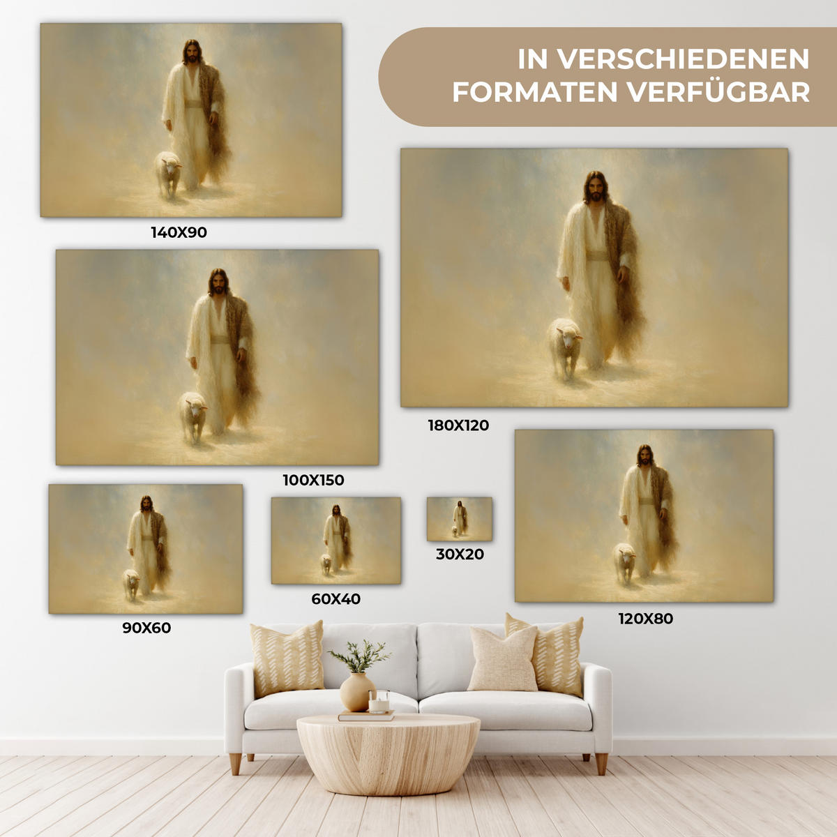 LEINWANDBILD Schaf - Jesus - Pinselstriche - Abstrakt Groß 140x90 cm - Sandfarben, Textil (140/90cm) - MuchoWow