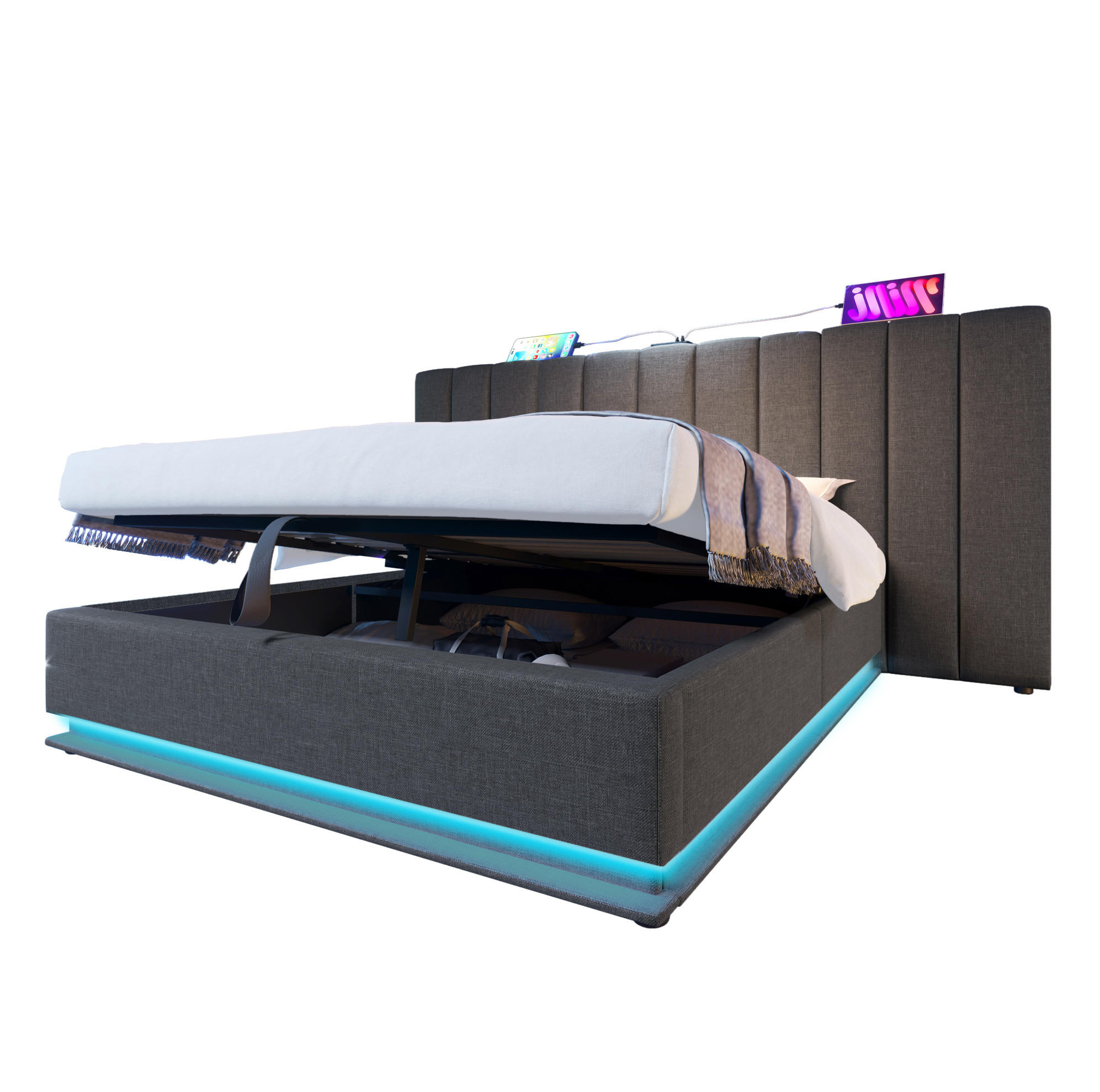 OBLAZINJENA postelja 180/200 cm z LED osvetlitvijo, USB-C polnjenjem in hidravličnim prostorom za shranjevanje, Siva - siva, tekstil (180/200cm) - Redom