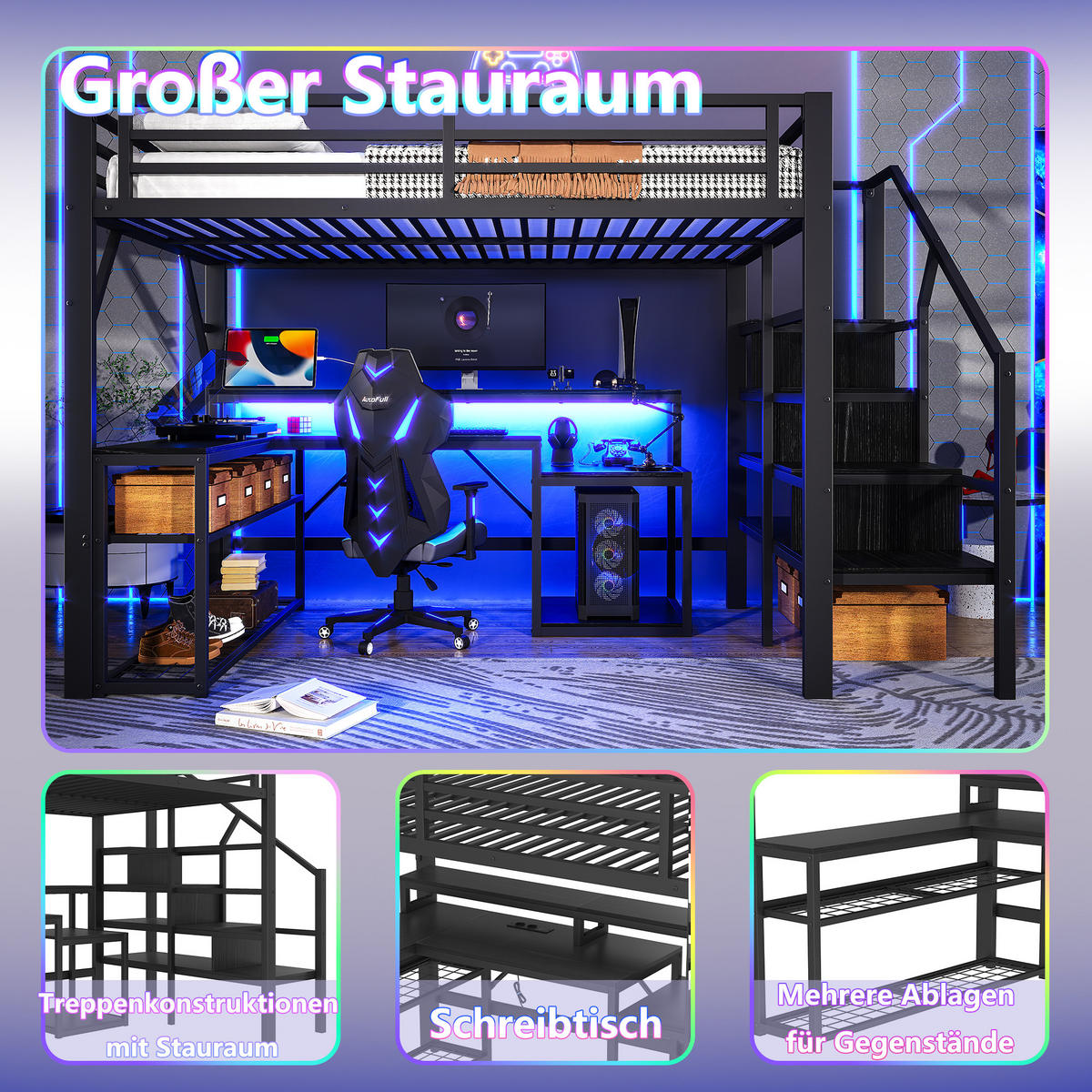 HOCHBETT 140x200cm Schwarz Metall LED-Licht Schreibtisch USB - Schwarz, Metall (140/200cm) - FLIEKS